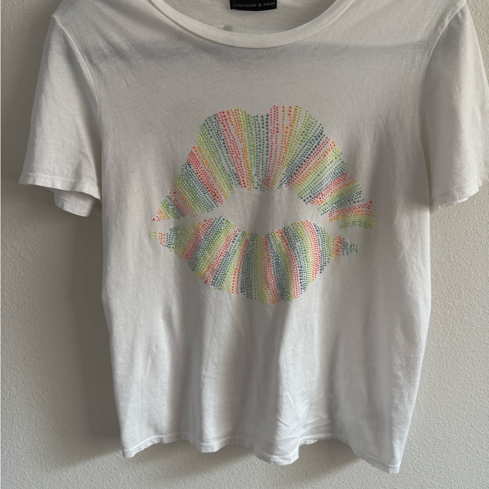 Lauren Moshi and Aqua White Tee with Jeweled Rainbow Lips